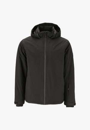 Schwarze Jacke mit Kapuze, ausgestattet mit einem durchgehenden Reißverschluss, elastischen Bündchen und einer glatten, matten Textur. Schlichtes, modernes Design, ohne Muster.