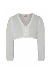 Witte cropped blouse met een V-hals, lange mouwen, knoopsluiting aan de voorkant en een gestructureerde stof. Heeft gathermouwen en een gladde afwerking.