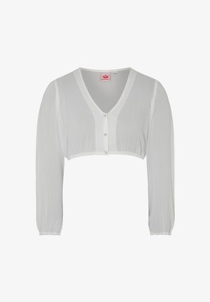 Weißes, kurzes Blusenoberteil mit V-Ausschnitt, langen Ärmeln, Knopfverschluss vorne und strukturierter Stoffqualität. Verfügt über geraffte Manschetten und eine glatte Oberfläche.