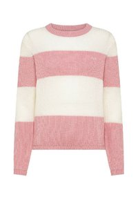 Maglione a righe rosa e bianche con collo tondo, maniche lunghe, trama a costine e logo in evidenza sul petto. Materiale in maglia morbida.