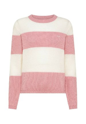 Maglione a righe rosa e bianche con collo tondo, maniche lunghe, trama a costine e logo in evidenza sul petto. Materiale in maglia morbida.