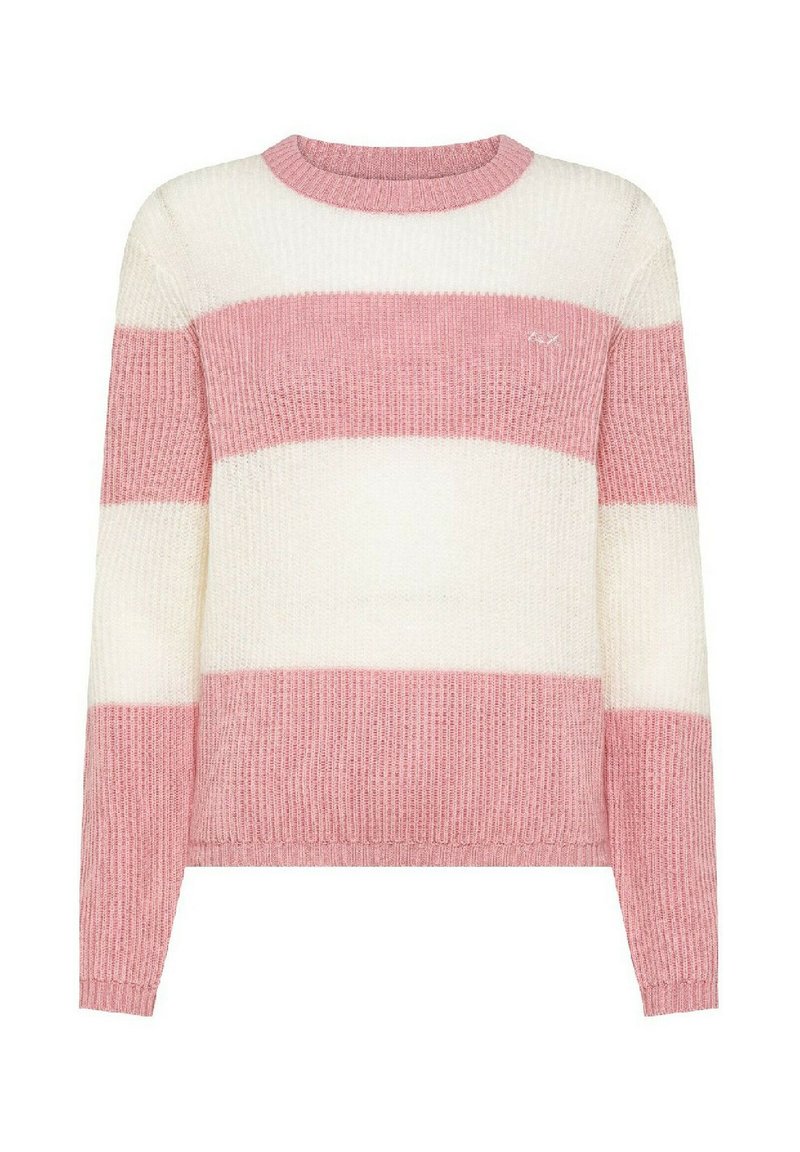 Maglione a righe rosa e bianche con collo tondo, maniche lunghe, trama a costine e logo in evidenza sul petto. Materiale in maglia morbida.