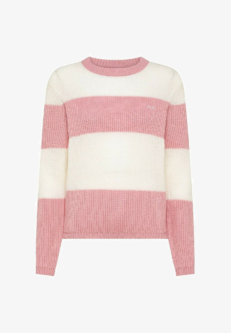 Maglione a righe rosa e bianche con collo tondo, maniche lunghe, trama a costine e logo in evidenza sul petto. Materiale in maglia morbida.