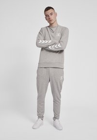 L'outfit grigio in felpa include una maglietta a maniche lunghe con scollatura a girocollo e strisce sulle maniche, abbinata a pantaloni affusolati. Sneakers bianche completano il look.