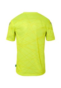 Kortærmet atletisk trøje i lys fluoriserende gul med diagonale gule linjer, lavet af let og åndbart materiale.