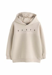 Béžová mikina s kapucňou, ktorá má textúrovanú dolnú časť a hladkú hornú sekciu. Predný potlač znie "BAKER by TED BAKER."