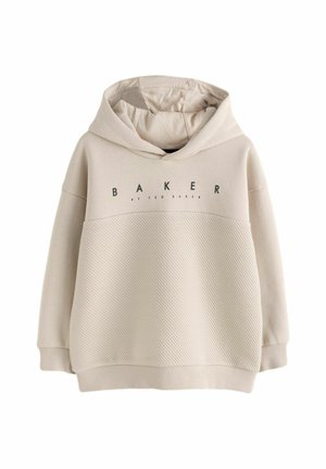 Beżowa bluza z kapturem, posiadająca teksturowany dolny panel i górną gładką sekcję. Z przodu nadruk z napisem "BAKER by TED BAKER."