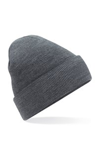 Gray knit beanie with a folded cuff, featuring a textured pattern and a soft, flexible fabric. The design is simple and streamlined.