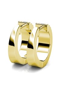 Orecchini a cerchio in oro con finitura lucida, caratterizzati da un design geometrico spesso e da una chiusura a cerniera per una vestibilità sicura.