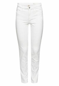 Bílé denimové džíny s přiléhavým střihem, standardním pětipocket stylem, poutky na pás a malým kovovým knoflíkem na zavření v pase.