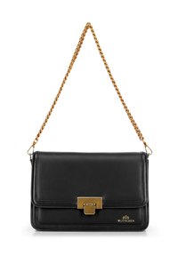 Borsa a tracolla in pelle nera con catena, dotata di una chiusura in tono oro, texture liscia e logo in rilievo nell'angolo in basso a destra.