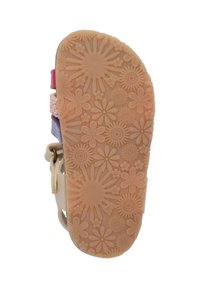 Rubberen sandaalzool met een gestructureerd bloemenpatroon in licht bruin. Inclusief een klittenbandsluiting met gekleurde accenten in roze en paars.