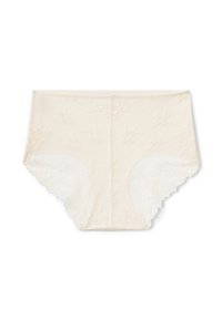 Crème-kleurige kanten hipsteronderbroek met bloemmotieven en een zachte textuur; heeft doorzichtig kant langs de randen.