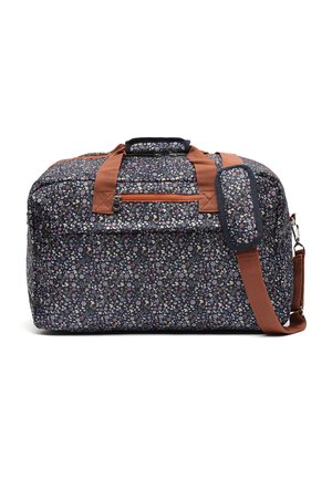 Floral-patterned duffel bag with dark navy background, brown straps, and zippered pocket. Features sturdy fabric and adjustable shoulder strap.