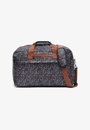 Floral-patterned duffel bag with dark navy background, brown straps, and zippered pocket. Features sturdy fabric and adjustable shoulder strap.