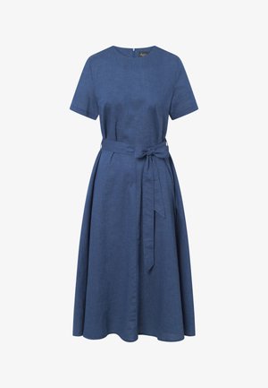 Kurzes blaues Kleid aus einer Leinenmischung, mit rundem Halsauschnitt, Taillenband und schwingendem Rock in glatter Textur.