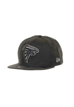 Black snapback cap featuring a prominent Atlanta Falcons logo in gray stitching. Made of textured fabric with a flat brim design.