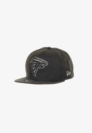Black snapback cap featuring a prominent Atlanta Falcons logo in gray stitching. Made of textured fabric with a flat brim design.