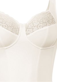 White lace and fabric bodysuit featuring a floral lace yoke, soft cups, and smooth texture, with adjustable straps and a hook-and-eye closure.