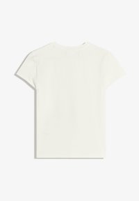 Vit bomull t-shirt med korta ärmar, rundad halsringning och en slät, enhetlig textur. Bakifrån finns inga tryck eller dekorationer.