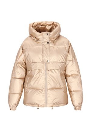 Beige pufferjakke med høj krave, trykknaplukninger, frontlynlås, elastiske manchetter og snor i kanten. Lavet af skinnende, holdbart materiale.