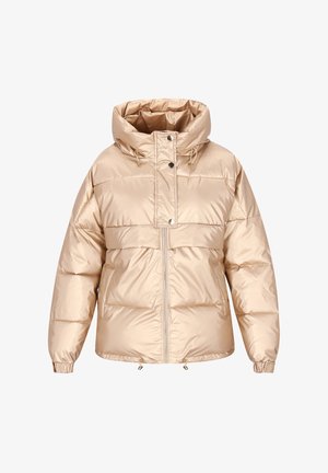 Beige pufferjakke med høj krave, trykknaplukninger, frontlynlås, elastiske manchetter og snor i kanten. Lavet af skinnende, holdbart materiale.