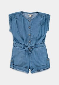 Denim sininen romper lyhyillä hihoilla, edessä napit ja elastinen vyötärö. Ominaisuuksiin kuuluu solmittava naru ja käännetyt hihatShorts.