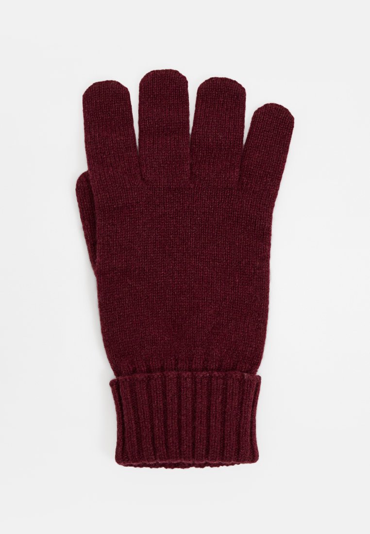 Gebreide handschoenen in donker bordeaux, met een geribde manchet, vijfvingerontwerp en een zachte textuur die geschikt is voor koud weer.