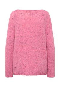 Rosa gestrickter Pullover mit strukturiertem Muster, langen Ärmeln und einem gerippten Saum. Der Stoff ist durchgehend mit mehrfarbigen Sprenkeln versehen.