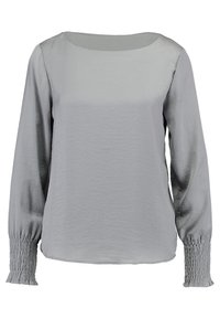 Blusa grigia a maniche lunghe realizzata in tessuto leggero. Presenta un collo rotondo e polsini smock con una superficie leggermente testurizzata.