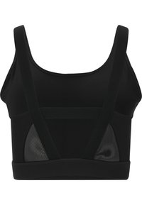 Musta urheil bras, jossa on leveät hihnat ja ristiselkämuotoilu. Sisältää sileän pinnan ja polyesteriakkoshuojuudet hengittävyyttä varten.