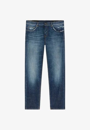Jeans in denim blu con una vestibilità regolare, caratterizzati da una leggera sfumatura, cinque tasche e una zip con chiusura a bottone.