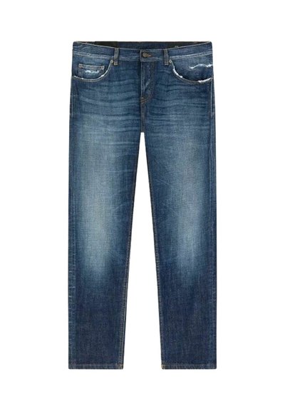 Jeans in denim blu con una vestibilità regolare, caratterizzati da una leggera sfumatura, cinque tasche e una zip con chiusura a bottone.