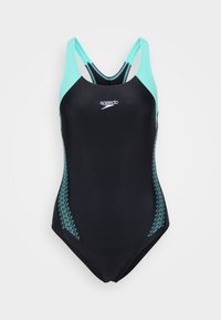 Μαύρο μαγιό με τιρκουάζ λεπτομέρειες και ιμάντες. Διαθέτει ζιγκ-ζαγκ μοτίβο στο πλάι. Κατασκευασμένο από ελαστικό υλικό για άνεση.