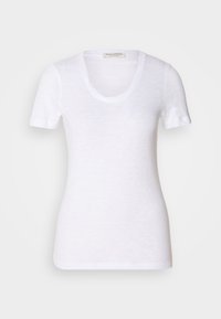 T-shirt blanc à manches courtes avec un col en scoop. Fabriqué en tissu léger et texturé. Coupe ajustée avec des manches repliées.