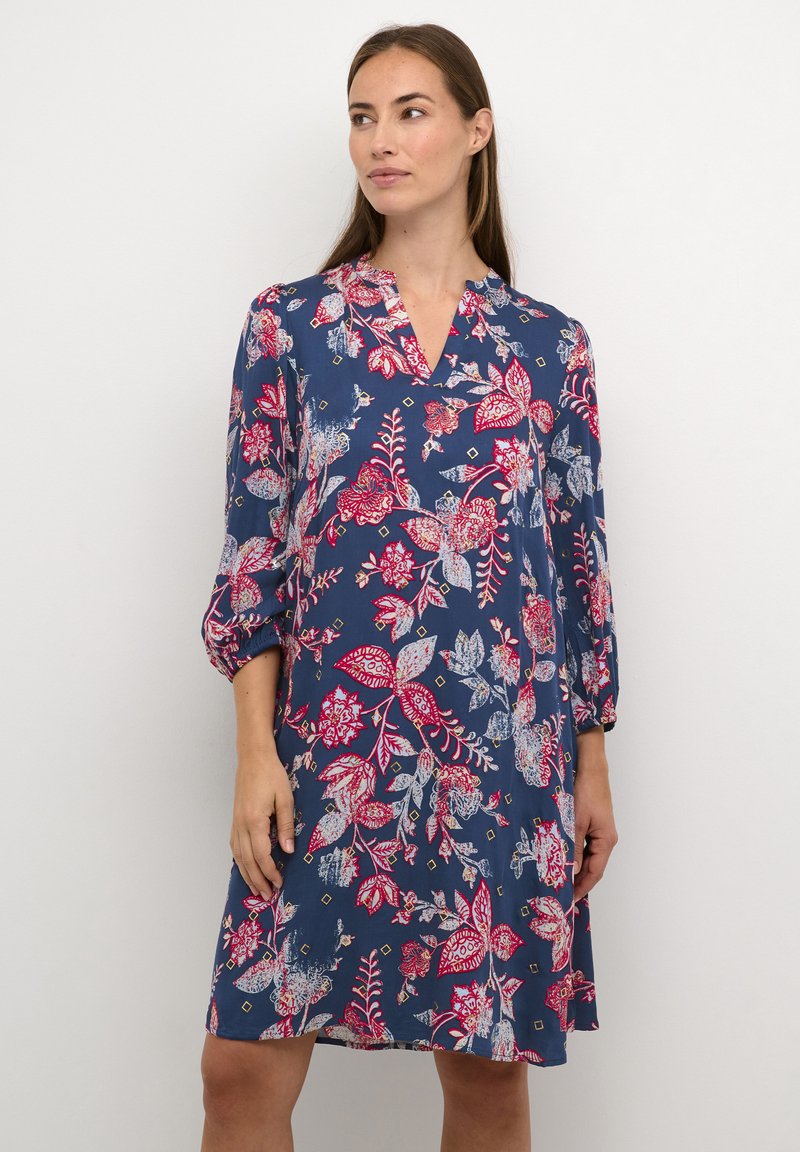 Robe fluide col v imprimé fleurs aquarelle bleu marine - Horizons Lointains