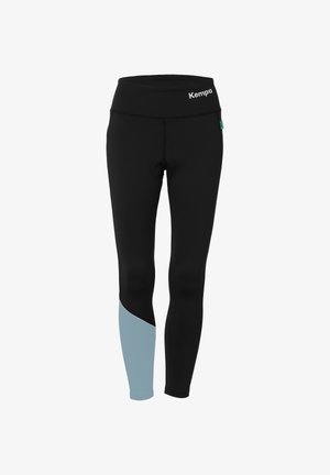Sorte leggings med høj talje, der har en lyseblå og mørkerød sideskPanel, lavet af strækbart materiale med en glat tekstur.