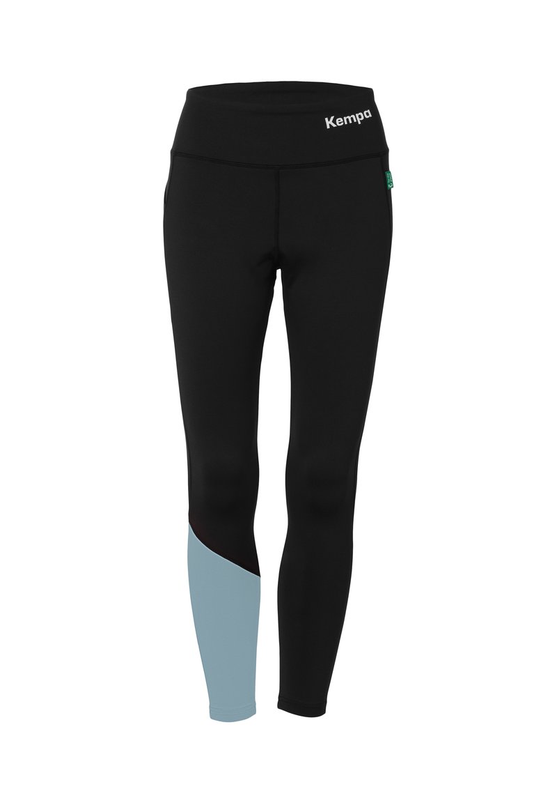Zwarte leggings met een hoge tailleband, voorzien van een lichtblauw en donkerrood zijpaneel, gemaakt van rekbaar materiaal met een gladde textuur.