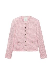 Pink tweedjakke med rund halsudskæring, lange ærmer og detaljer med sølvknapper. Har to for lommer og struktureret stof.