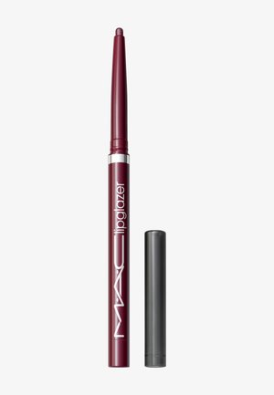 Burgunderfarbener Lippenkonturenstift mit schlanker, drehbarer Form, ausgestattet mit einem silbernen Ring und einem schwarzen Deckel. Glatte Textur, gekennzeichnet mit "MAC lipglazer."