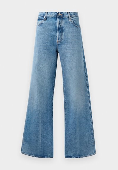 Bredde ben lyseblå denim jeans med høj talje, der har forlommer, knaplukning og subtle falmede detaljer.