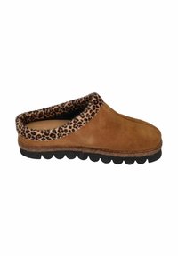 Brown suede slipper with a leopard print fleece lining, rounded shape, and a textured black rubber sole with distinctive ridges.
