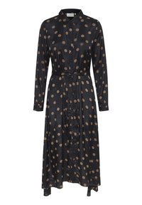 Robe chemise midi noire à manches longues avec des pois marron, boutonnée devant, col et ceinture assortie à la taille.