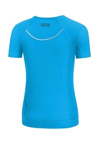 Blaues Sporthemd mit kurzem Ärmel aus feuchtigkeitsableitendem Stoff, das ein elegantes Design, flache Nähte und einen reflektierenden Akzent auf dem Rücken aufweist.
