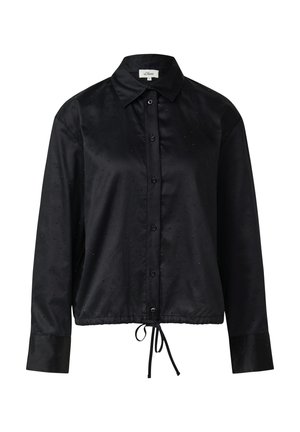 Chemise noire en satin avec boutons, col, ourlet à cordon de serrage et motif texturé subtil de petits points. Manches longues avec poignets boutonnés.