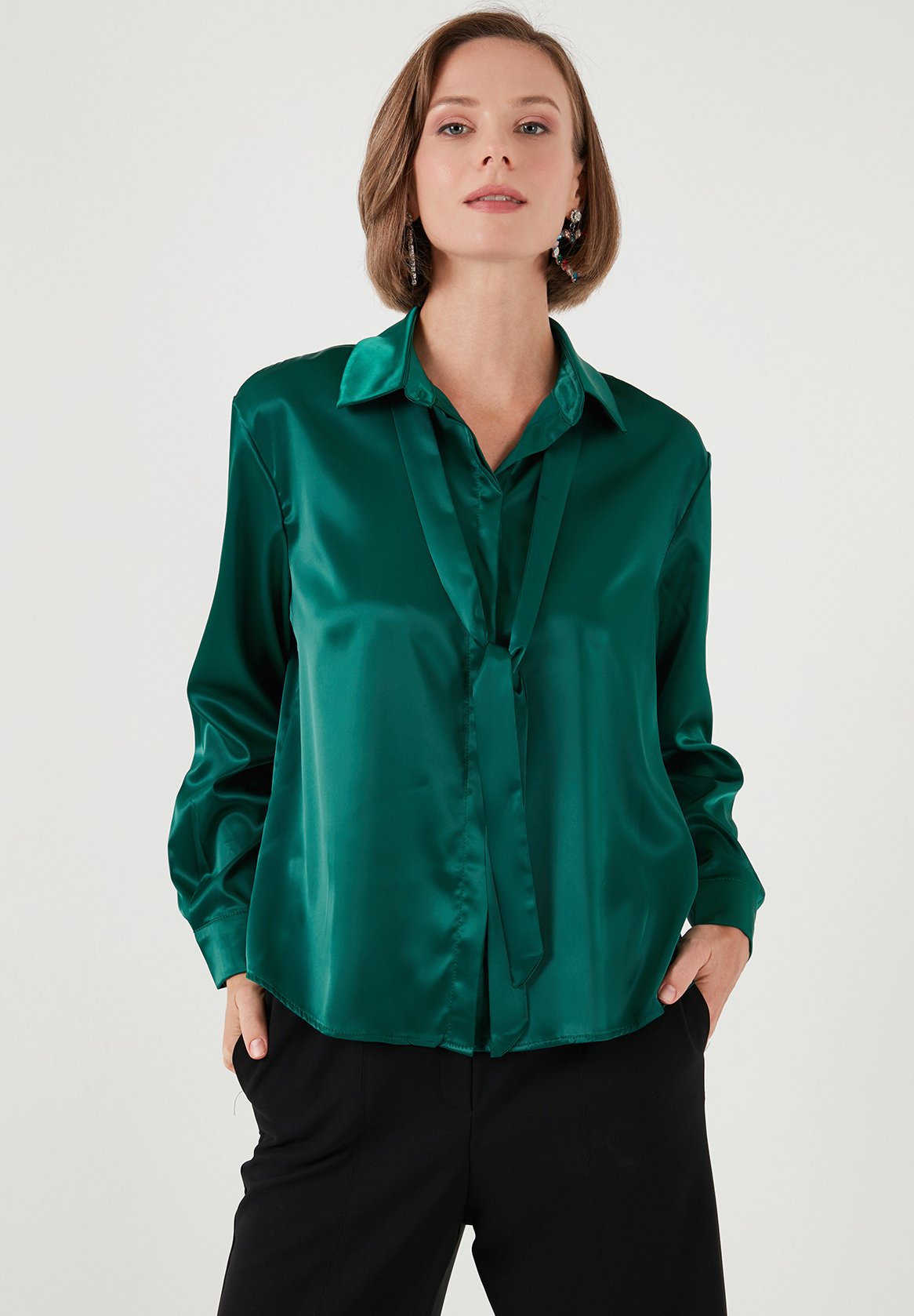 slim fit dress slacks Stanbury Hunter Green Satin Blouse - FINAL SALE