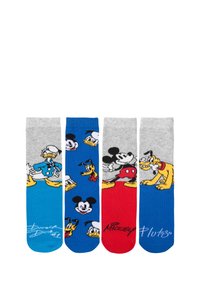 Tre paia di calzini di cotone in blu, rosso e grigio con personaggi dei cartoni animati: Paperino, Topolino e Pluto. Ognuno presenta design unici.