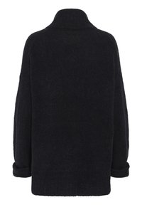 Svart, texturerad tröja med hög krage, sänkta axlar och rullade ärmar. Tillverkad av ett mjukt, tjockt stickat tyg.