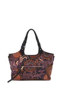 Borsa in tessuto con un motivo floreale in arancione, rosa e viola su uno sfondo nero. Presenta due manici neri e una tasca con zip.