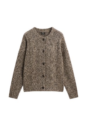 Cardigan lavorato a maglia marrone con un motivo testurizzato, scollatura rotonda e sei bottoni marroni. Maniche lunghe con polsini e orlo a costine.
